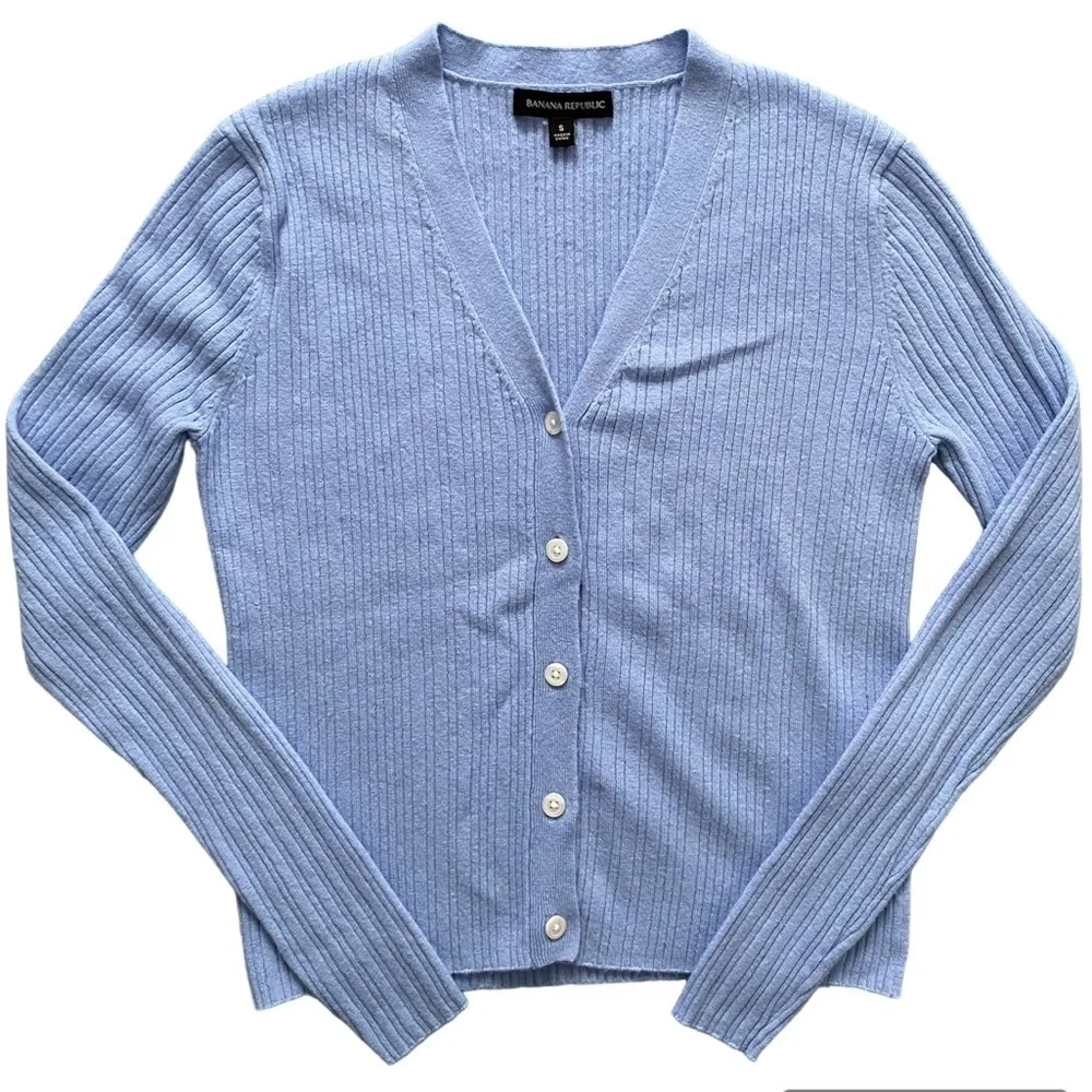 BANANA Republic Blue Ribbed Crop Button Up Cardigan Size S - Picture 1 of 11